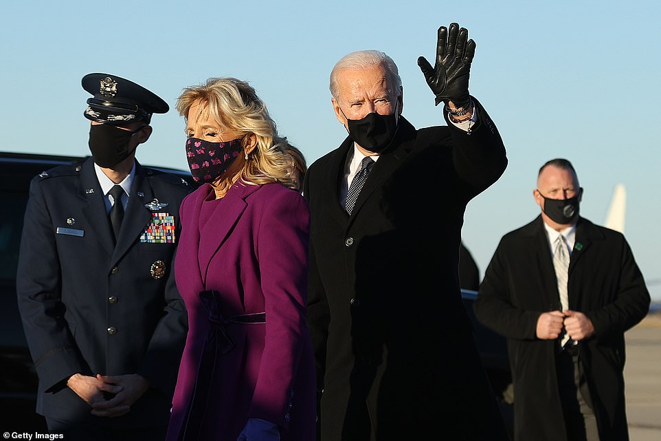 President-elect Joe Biden and incoming First Lady Jill Biden arrive at Joint Base Andrews the day before he will be inaugurated