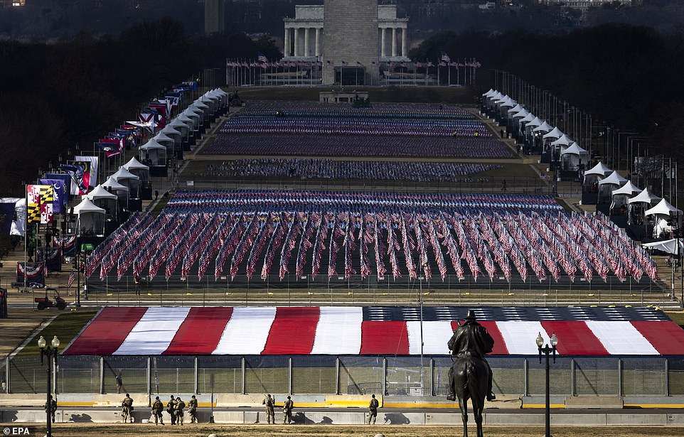 Approximately 191,500 flags will cover the National Mall in honor of those unable to travel to Washington for the inauguration of President-elect Joe Biden due to the pandemic (above)