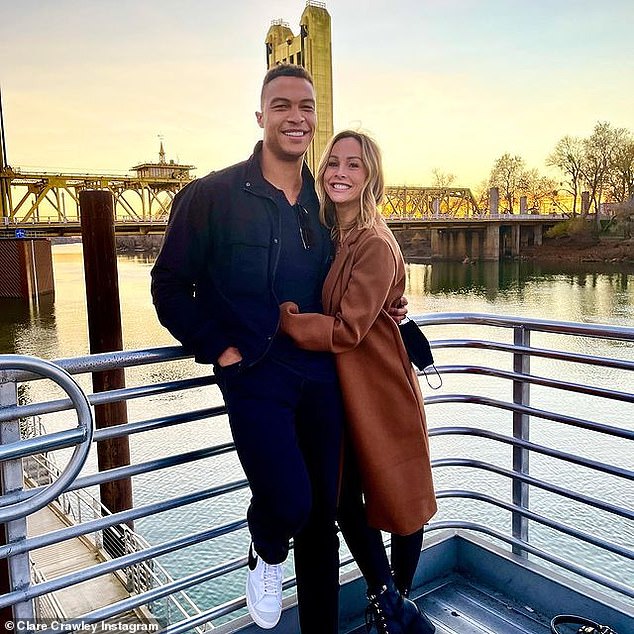 DONE: Bachelorette star Dale Moss has confirmed that he has split from his fiance of five months, 39-year-old Clare Crawley; here they are seen on December 31