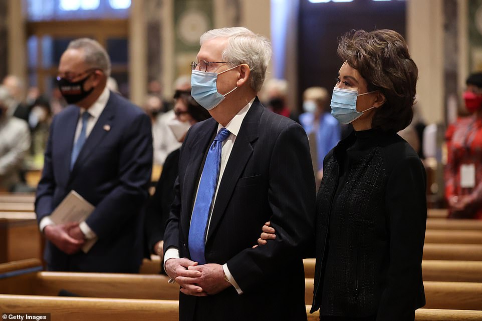 Senate Minority Leader Chick Schumer (left), Senate Majority Leader Mitch McConnell and former transportation secretary Elaine Chao attend services at the Cathedral of St. Matthew the Apostle with Congressional leaders