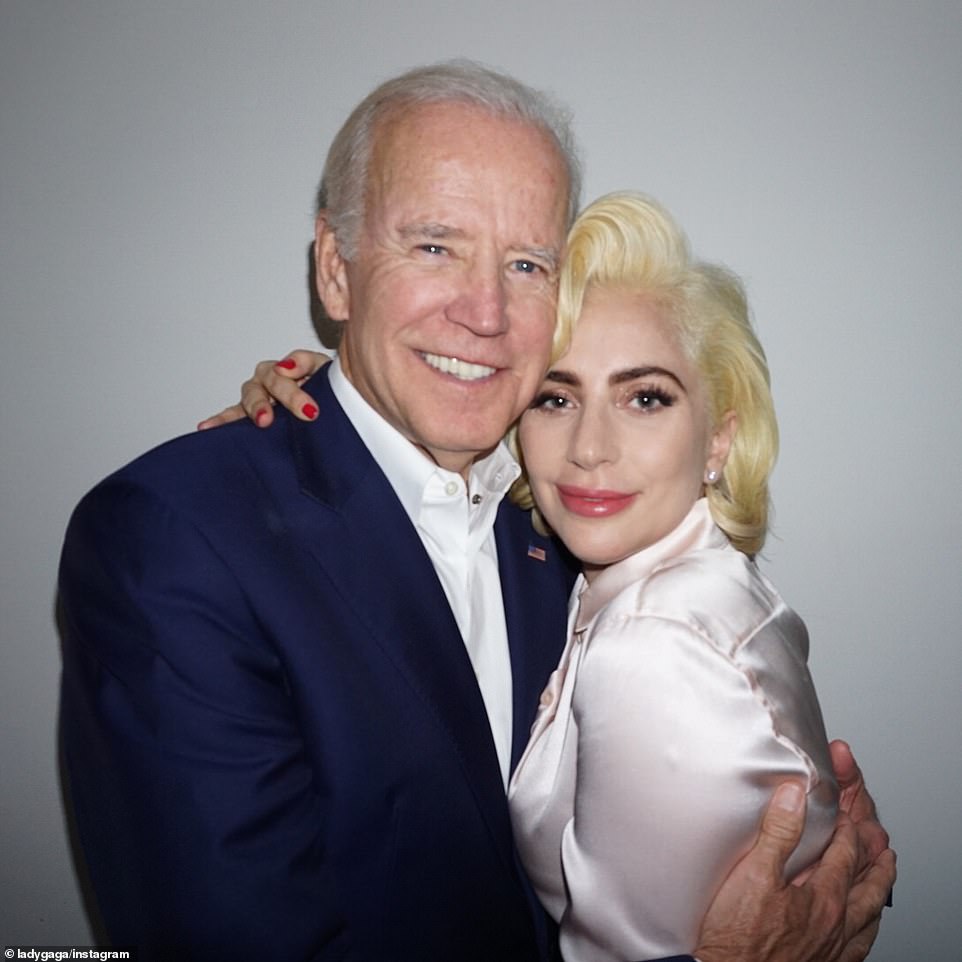 Lady Gaga pictured with Joe Biden in 2017. She performed the national anthem at his inauguration Wednesday