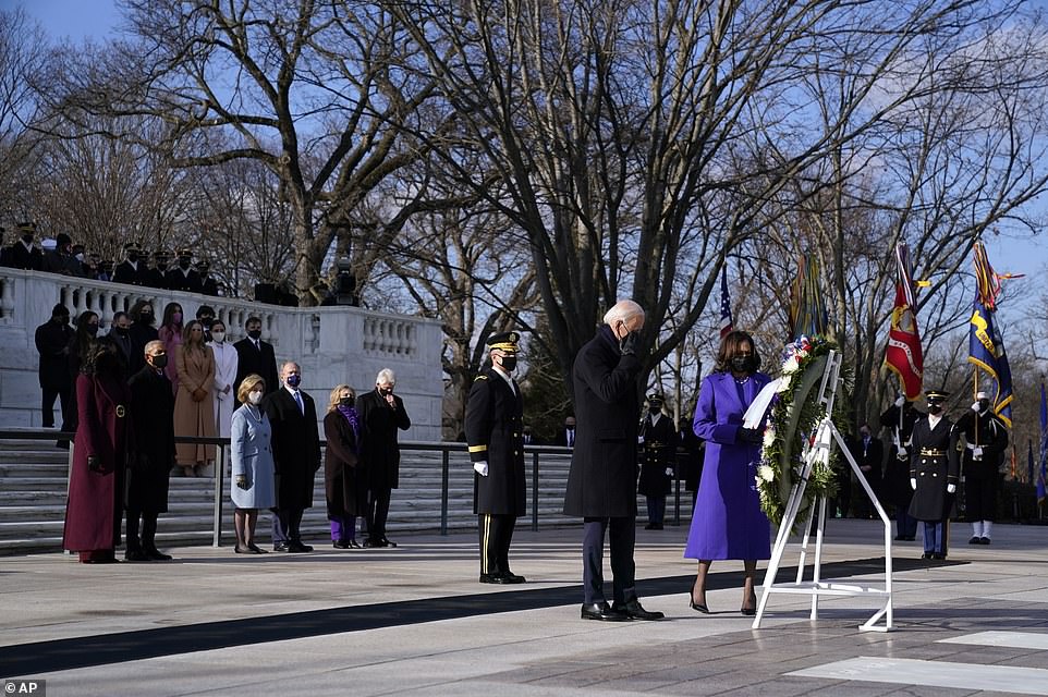 United: Joe Biden and Kamala Harris laid a wreath at the Tomb of the Unknown Soldier with (from left) Michelle and Barack Obama, Laura and George W. Bush and Hillary and Bill Clinton.