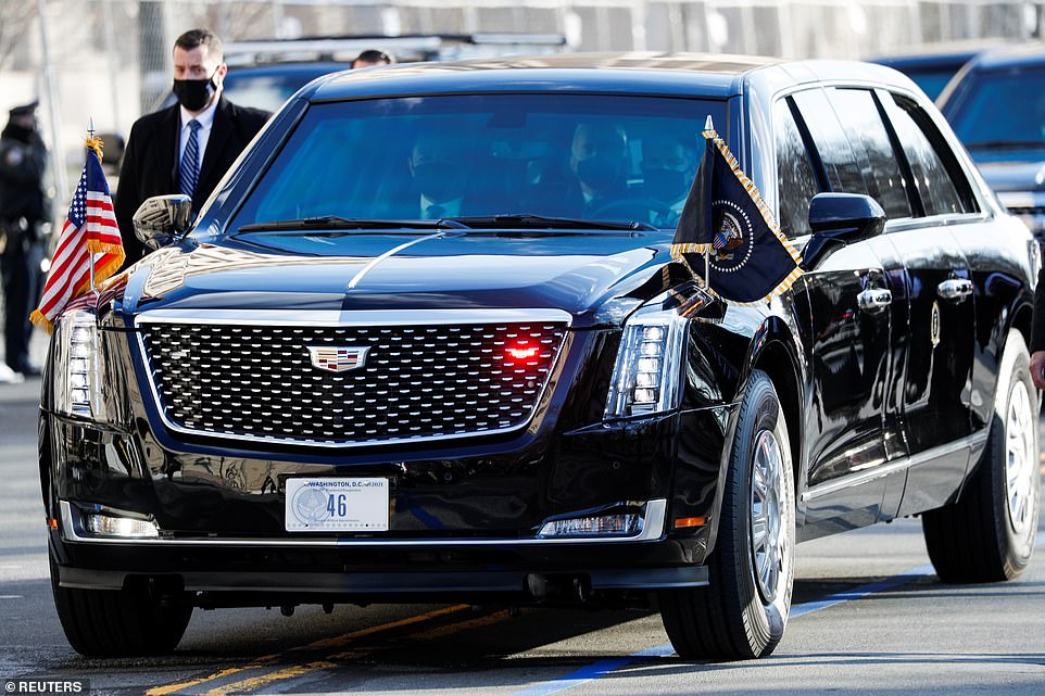 U.S. President Joe Biden travels in the presidential limousine, known as "The Beast", with the new license plate number '46'