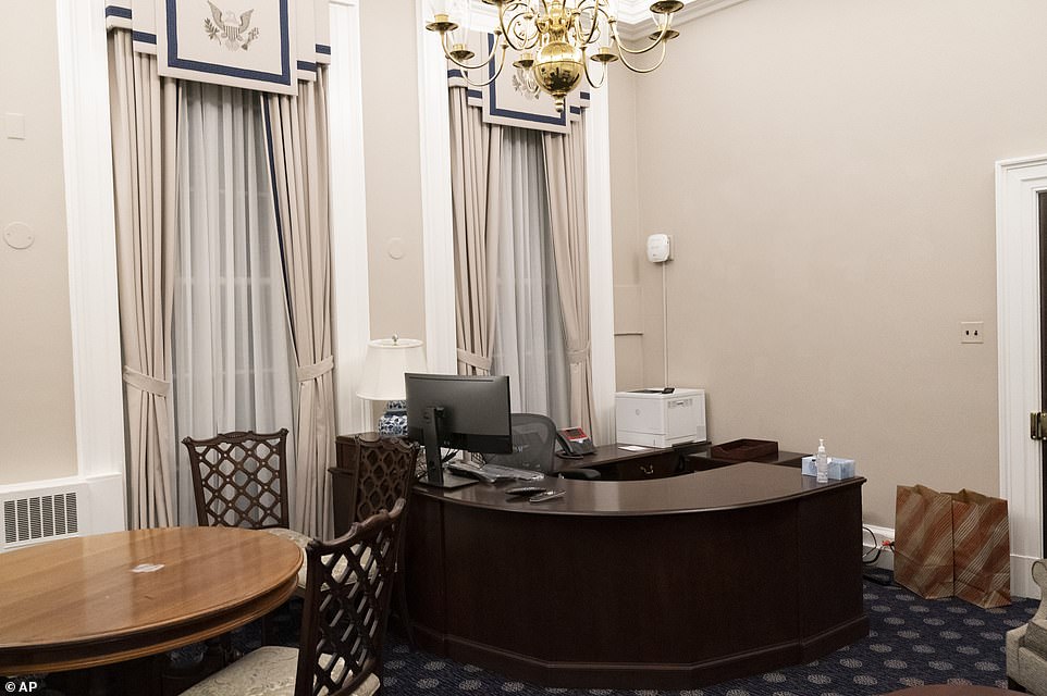 The empty office of the White House press secretary is empty in the White House, Wednesday, Jan. 20, 2021, in Washington