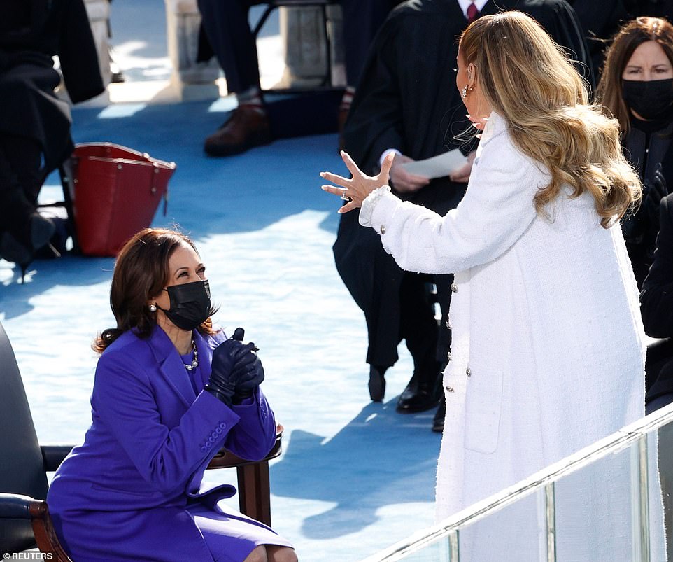 Jennifer Lopez with Vice President Kamala Harris during the inauguration of Joe Biden
