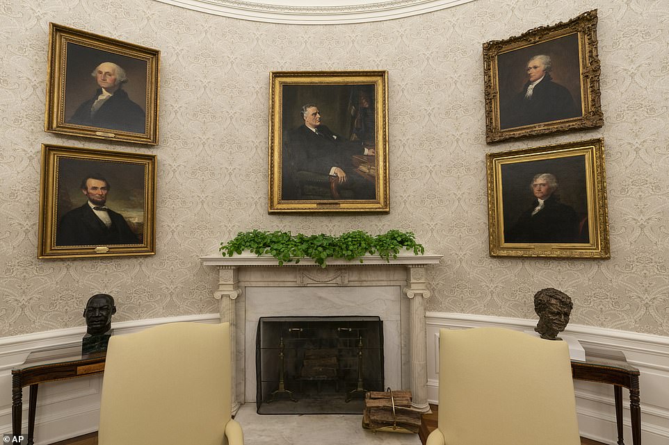 A pairing of former President Franklin D. Roosevelt over the mantle of the fireplace. Busts of Martin Luther King Jr., Rosa Parks, Eleanor Roosevelt and Robert F. Kennedy also feature