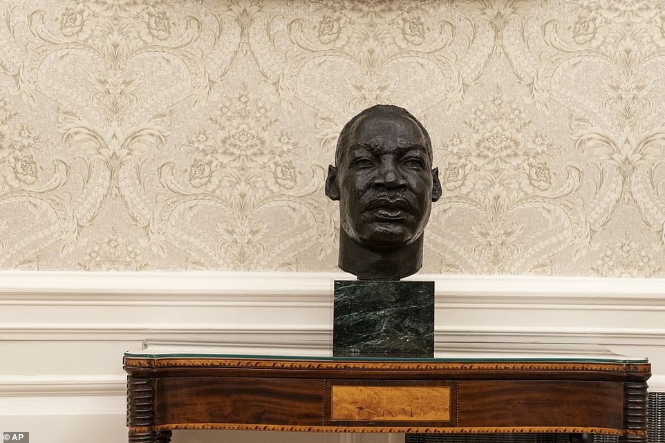 A bust of civil rights leader Rev. Martin Luther King Jr. is pictured. The Winston Churchill bust reinstated by Trump after it was removed by Barack Obama is no longer on display