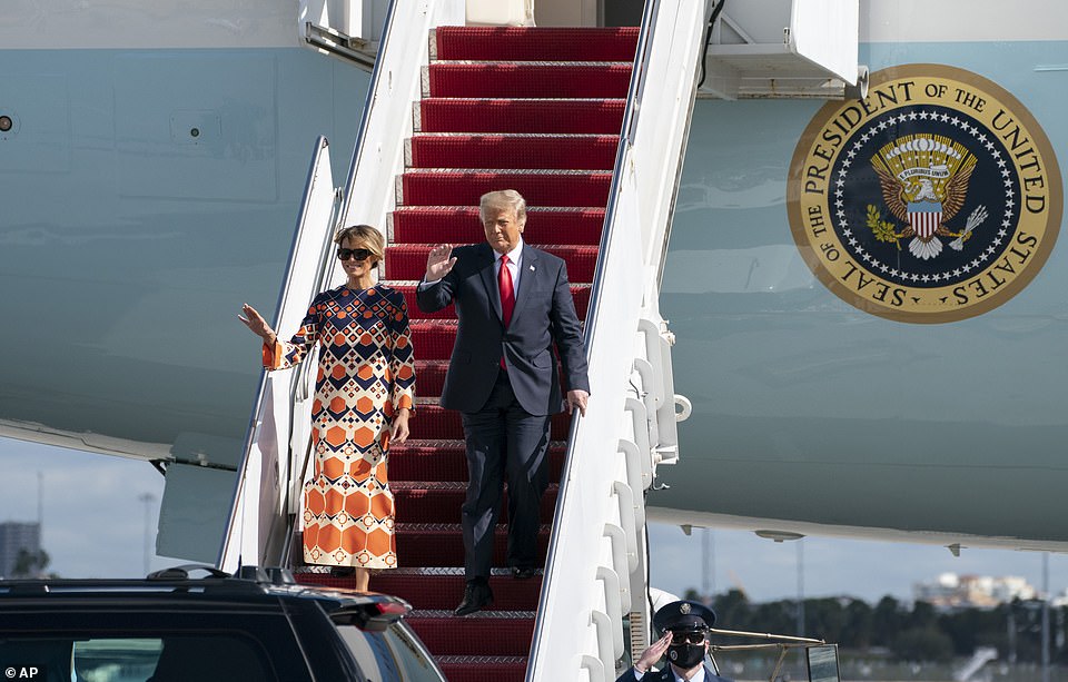 Trump skipped the event, flying to Mar-a-Lago after organizing his own pep rally sendoff, telling supporters and family members 'Have a good life, we will see you soon