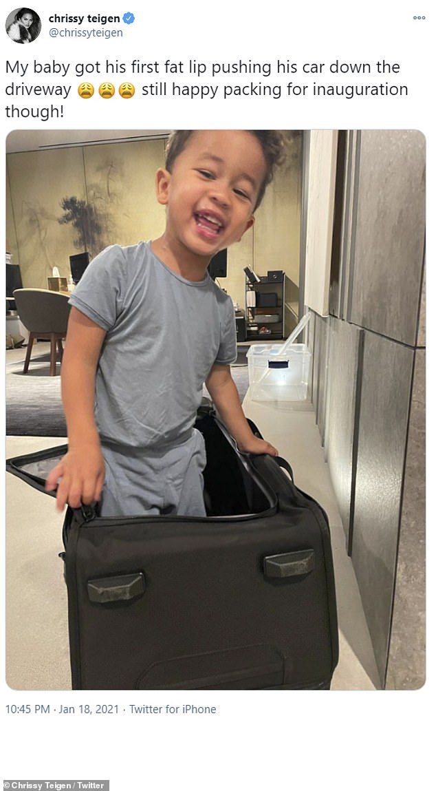 Innocent post: It occurred shortly after the star shared a snapshot of her and John's two-year-old son Miles packing for their trip to the Capitol, writing: 'My baby got his first fat lip pushing his car down the driveway. still happy packing for inauguration though!'