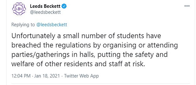 Leeds Beckett University tweeted its disappointment (above) that students who attended parties, putting the safety and welfare of other students and staff at risk faced a £500 fine