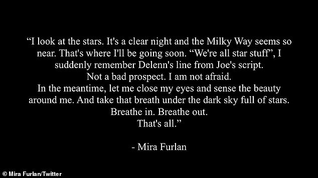 The news was announced via the actress' official Twitter account and included a quote from Furlan in which she spoke about her death