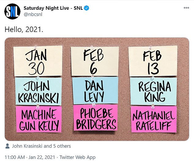 2021 slate: In their usual style, SNL made the big reveal on index cards which were mocked up with the names of the hosts, the musical acts and the dates and then shared to Twitter