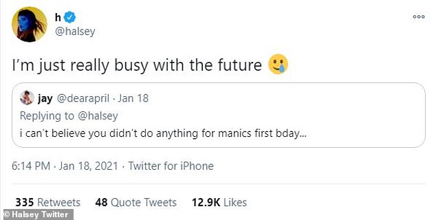Plenty on her plate: She said she was 'just really busy with the future' when a fan asked why she hadn't done more to mark Manic's one-year anniversary