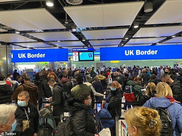 Huge crowds of 'superspreading' travellers were spotted at Heathrow Airport in London yesterday evening as the UK was set to introduce tougher travel restrictions