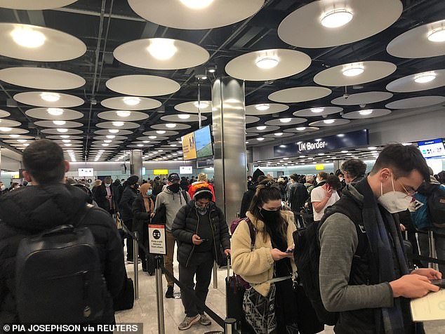 Heathrow said that 'Border Force is currently experiencing some delays' getting through the passenger checks (queues on Friday, pictured), and the airport has measures in place to remind people of what rules are in place