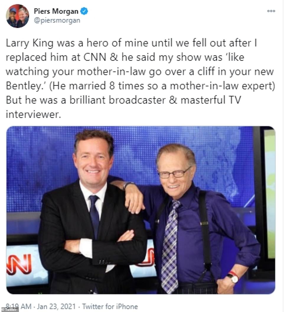 Tributes poured in on social media for the veteran talk show host in the wake of his passing Saturday. Piers Morgan, who is DailyMail.com's editor at large, shared a photo of the pair during their time on CNN