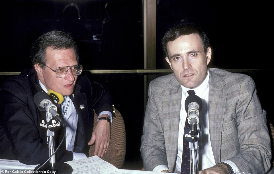 King sits with New York City Mayor Rudy Giuliani during his night time radio show with Mutual Broadcasting, which was broadcast live Monday through Friday from midnight to 5:30am. His 'everyman' approach to interviews made him tremendously popular with guests and audiences but some critics accused him of being 'too soft.' He told the Chicago Tribune in 2009: 'All I've tried to do is ask the best questions I could think of, listen to the answers and then follow up. I've never not followed up. I don't attack anybody -- that's not my style -- but I follow up'