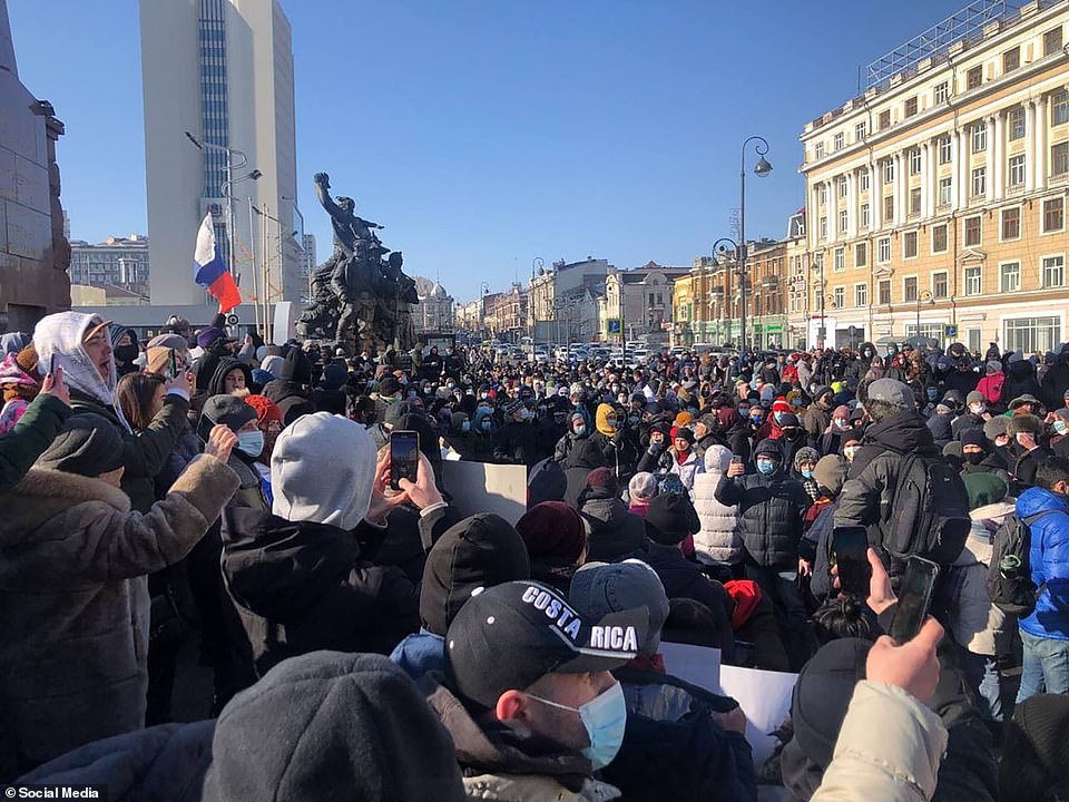 Putin's most vocal domestic critic called for mass rallies after surviving a near-fatal poisoning with a Novichok nerve agent and returned to Moscow following months of treatment in Germany. He was arrested at Sheremetyevo Airport and jailed. Pictured: Large crowds of anti-Putin demonstrators gathered on Saturday (pictured) in temperatures as low as minus 60F