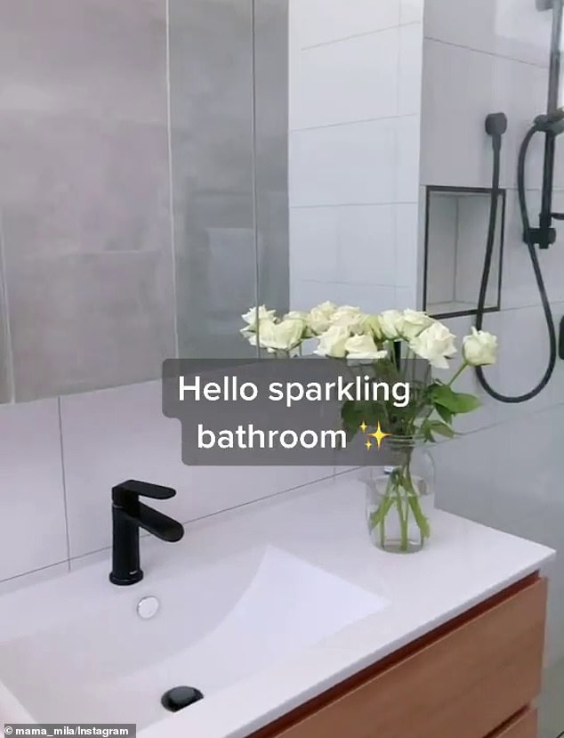 Chantel Mila, from Melbourne, said if you want a 'sparkling bathroom', you simply need to mix together three ingredients inside a spray bottle, before spraying your bathroom down, leaving it to absorb for 10 minutes and wiping clean (finished results pictured)