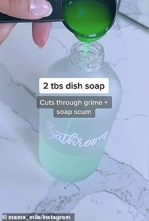 The mum recommends you mix one cup of warm white vinegar with two tablespoons of dish soap and four drops of tea tree oil together in a spray bottle (pictured)