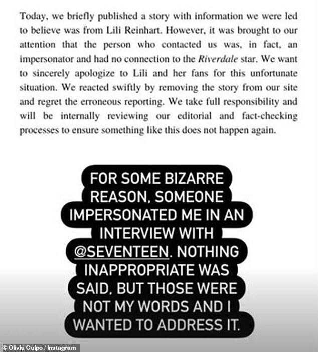 Addressing it: The 24-year-old wrote: 'For some bizarre reason, someone impersonated me in an interview with @Seventeen. Nothing inappropriate was said, but those were not my words and I wanted to address it'