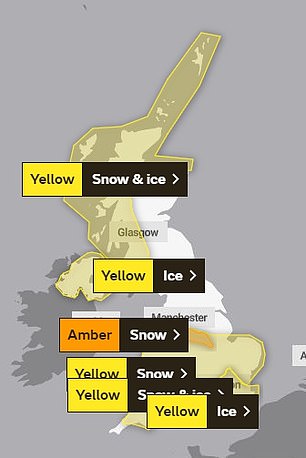 An amber weather warning for snow is in place covering an area from Nottingham to Stoke-on-Trent, meaning travel disruption and power cuts are likely