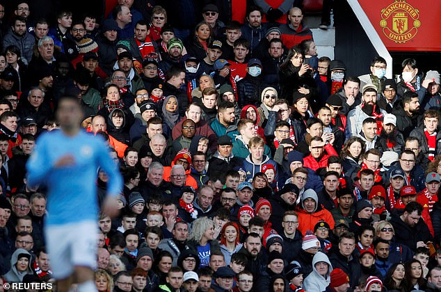 Photo shows Manchester United fans at Old Trafford during a Premier League match against Manchester City on March 8, 2020. This was United's last Premier League match before the season was suspended due to Covid