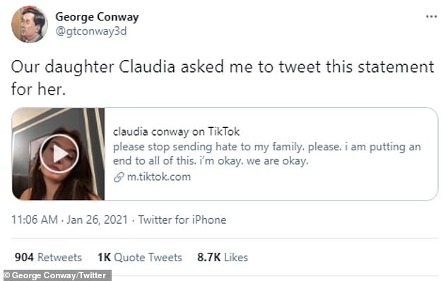 Her father, George Conway, also tweeted Claudia's statement on Twitter