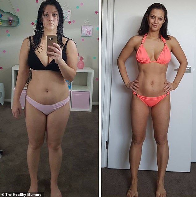 To shed her weight, Julia followed the 28 Day Weight Loss Challenge and committed to a healthy, strict diet (Julia Meadows pictured before and after)