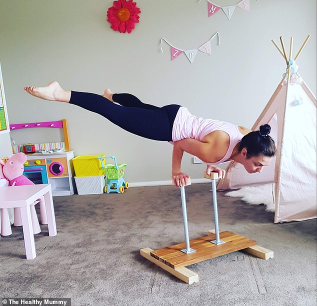 The mum said you don't always need to be 'working out' to get exercise in (pictured working out); she squats and lunges around the house and jumps on the trampoline with her kids