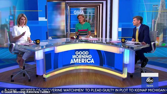 Funny: Amy Robach, 47, also said that she has kept tabs on him as she joked: 'I just said hurry back because I would like to set my alarm clock back an hour. That would be amazing. Alright Michael, we wish you the very best