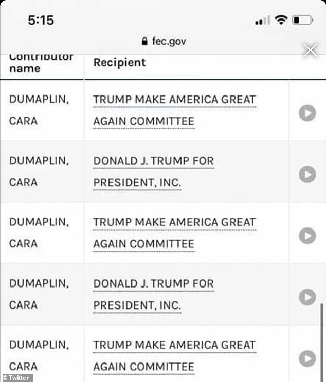 A screeenshot showing Dumaplin's donations to Trump campaigns was shared to Twitter on Tuesday
