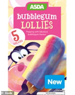 The supermarket will alter the packaging on 14 of its confectionery items, four of its flavoured milks and nine of its ice-creams and ice-lollies. Pictured: One of Asda's own-brand lollies. It is unclear which items will have new packaging