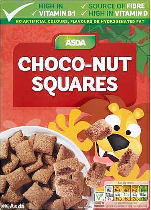 It comes after Asda removed cartoons from 12 of its own-brand cereals in February last year. Pictured: One of the cereals before the packaging change