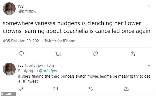 Yikes: Another joked that 'somewhere Vanessa Hudgens is clenching her flower crowns learning' that Coachella had been cancelled 'once again'