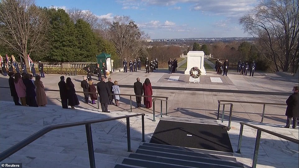Moment of respect: The three former presidents wait for the new president and vice president to arrive at Arlington