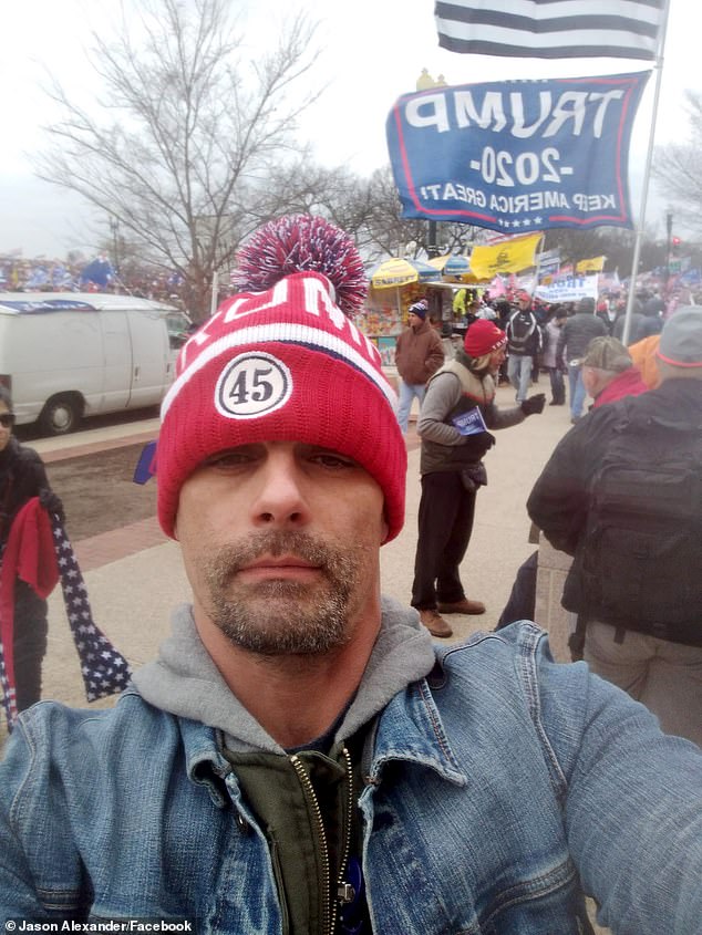 Britney Spear's ex husband Jason Allen Alexander was on Wednesday pictured in a Trump 45 beanie at the rally outside the Capitol