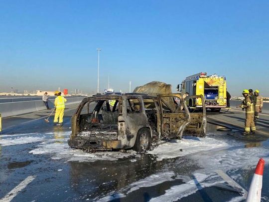 Car catches fire on Dubai’s Al Qudra Road