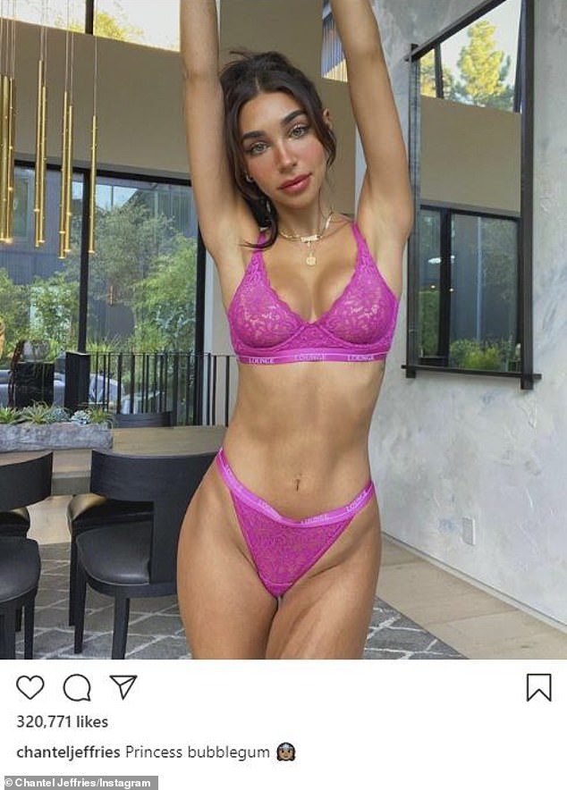 Stunning queen: Two weeks ago, she wished her boyfriend, Chainsmokers artist Drew Taggart a happy birthday on her social media, adding a snap of them kissing. And on Saturday, Chantel Jeffries shared a snap of herself solo while rocking racy hot pink lingerie