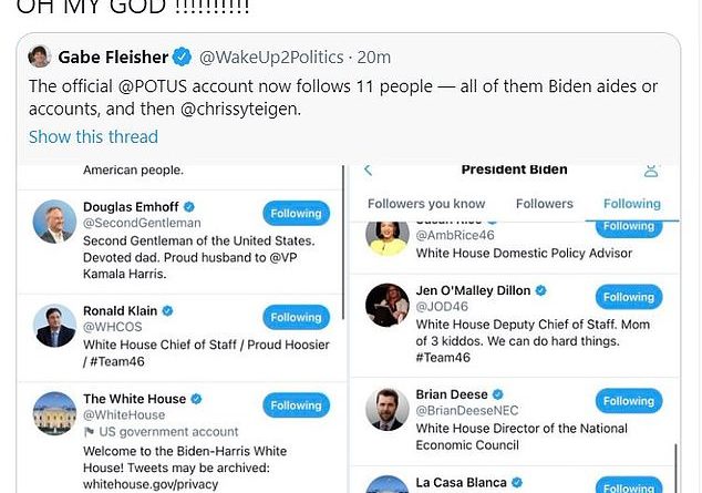 Chrissy Teigen reacts to being the ONLY celebrity Joe Biden’s @POTUS Twitter account is following