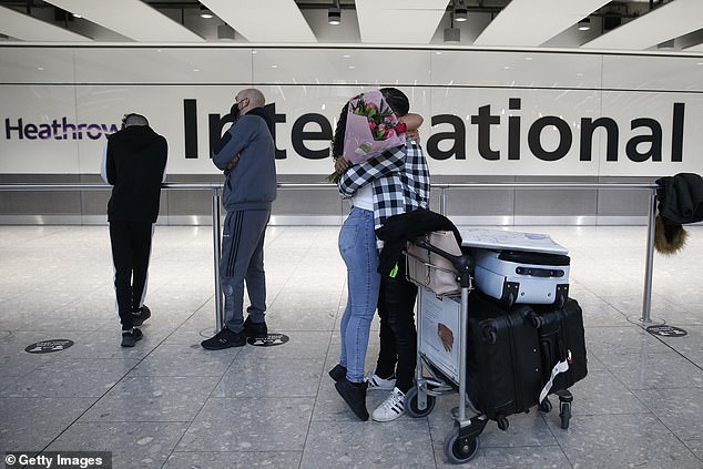 Arrivals could be seen hugging loved ones after landing at Heathrow Airport yesterday, hours before new Covid restrictions come into place making it harder to travel to the UK