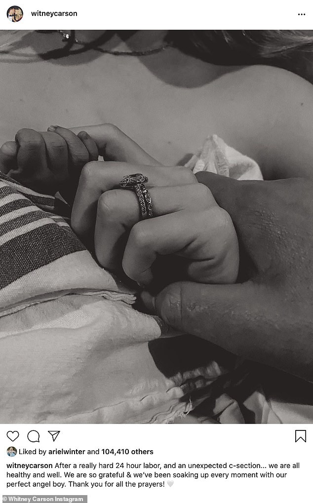 Congrats! Witney Carson announced the birth of her first child, a boy, with husband Carson McAllister on Monday afternoon