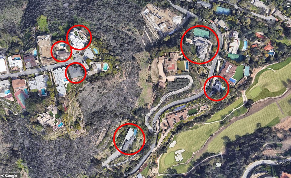 Elon Musk has sold three more homes (top left cluster) in Los Angeles' ritzy Bel Air neighborhood, following through with his vow earlier this year to 'own no house' and listing six Bel Air mansions (circled)