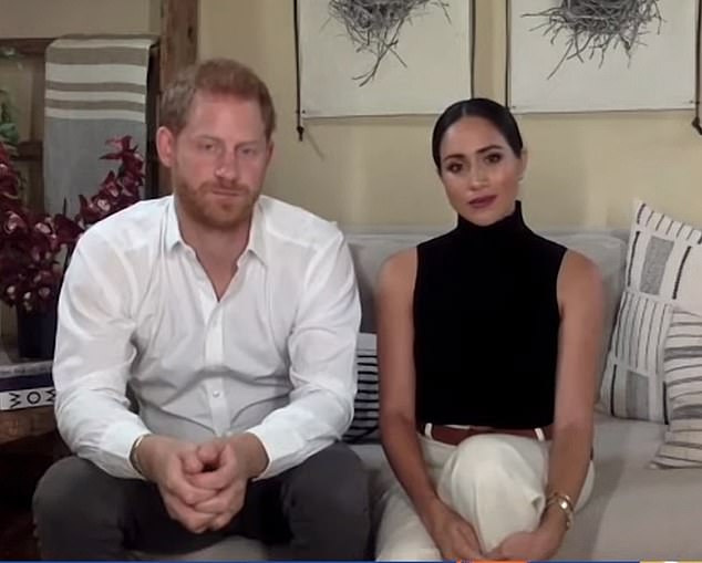 In a new interview, Prince Harry complains that he and Meghan were subjected to 'the mothership of harassment' when they got married and that social media spreads hate. They are shown in a recent Zoom appearance from their California mansion