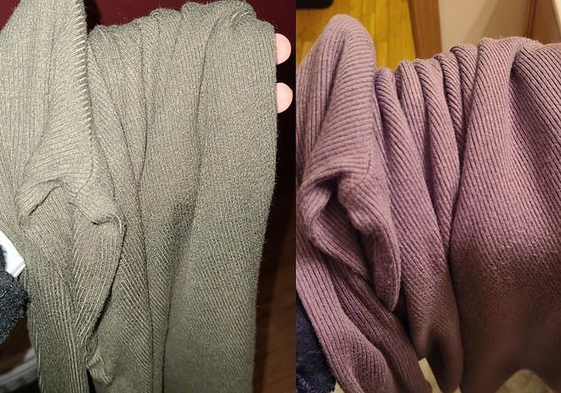 Woman shows how a sweater changes color from gray to purple in different lighting