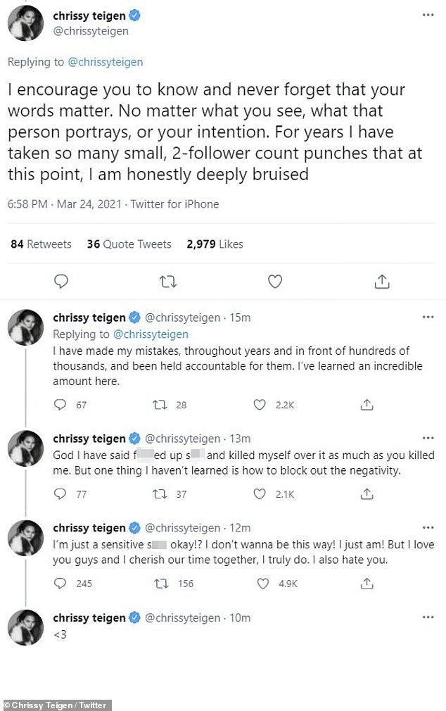 Negativity: Teigen noted that, over the span of her nearly 11 years of Twitter, she has 'said f**ked up s**t and killed myself over it as much as you killed me. But one thing I haven¿t learned is how to block out the negativity