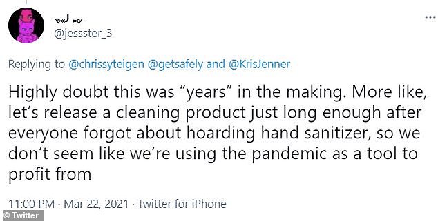 Speculation: One Twitter user contested Teigen's claim that Safely was 'years in the making' and even speculated that it was a way to profit off the pandemic