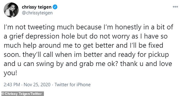 Grief: In November, Chrissy Teigen stepped back from social media as she found herself in a 'grief depression hole' following the loss of her baby son Jack