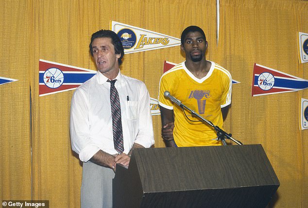 The early days of fame: In 1982 he was Head Coach of the LA Lakers; seen with player Magic Johnson #32 of the Los Angeles Lakers