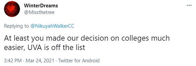Another Twitter user wrote that the mayor’s post meant that their child would not be attending the University of Virginia, whose main campus is in Charlottesville. ‘At least you made our decision on colleges much easier, UVA is off the list,’ wrote the Twitter user